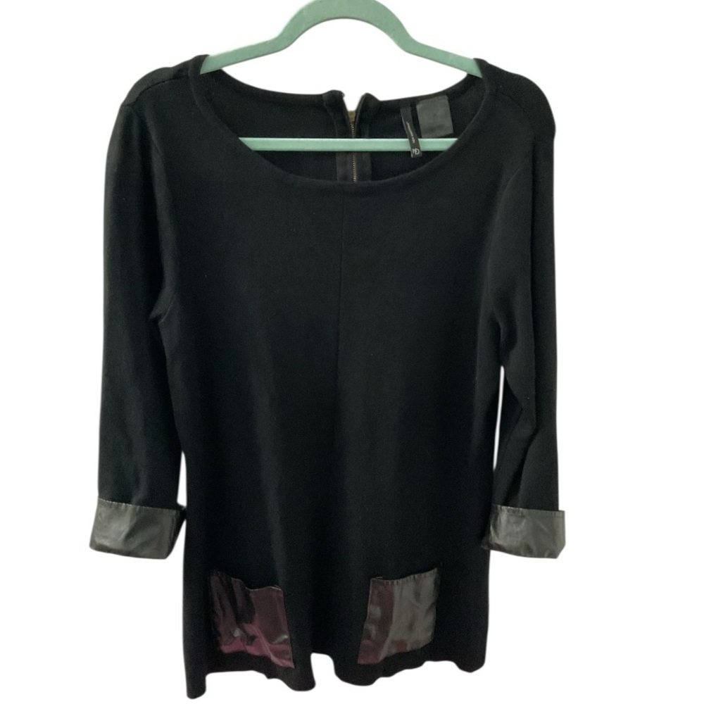 New Directions Black Long Sleeve Scoop Neck Top with Faux Leather Accents